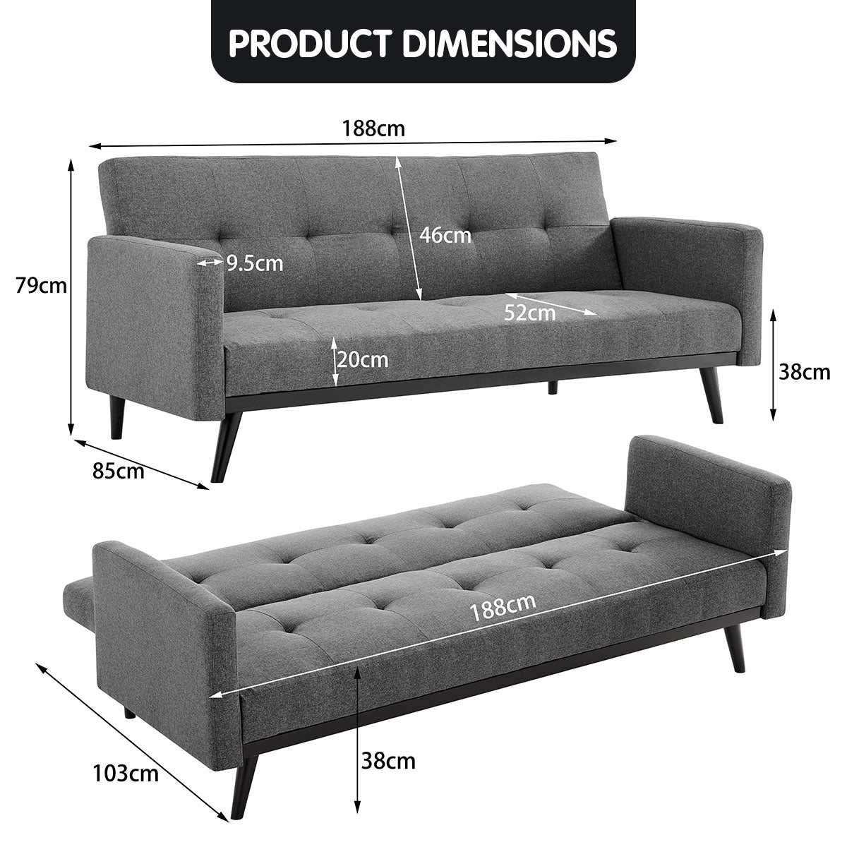 Sarantino Tufted Faux Linen 3-Seater Sofa Bed with Armrests in Light Grey, showcasing dimensions and convertible design.