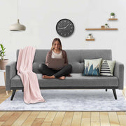 Sarantino Tufted Faux Linen 3-Seater Sofa Bed in Light Grey with Cushions and Wooden Legs
