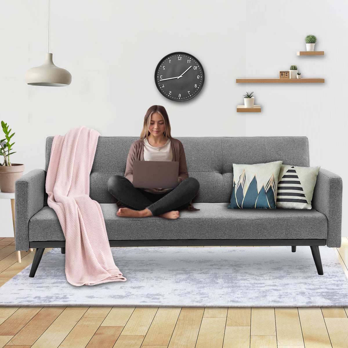 Sarantino Tufted Faux Linen 3-Seater Sofa Bed in Light Grey with Cushions and Wooden Legs