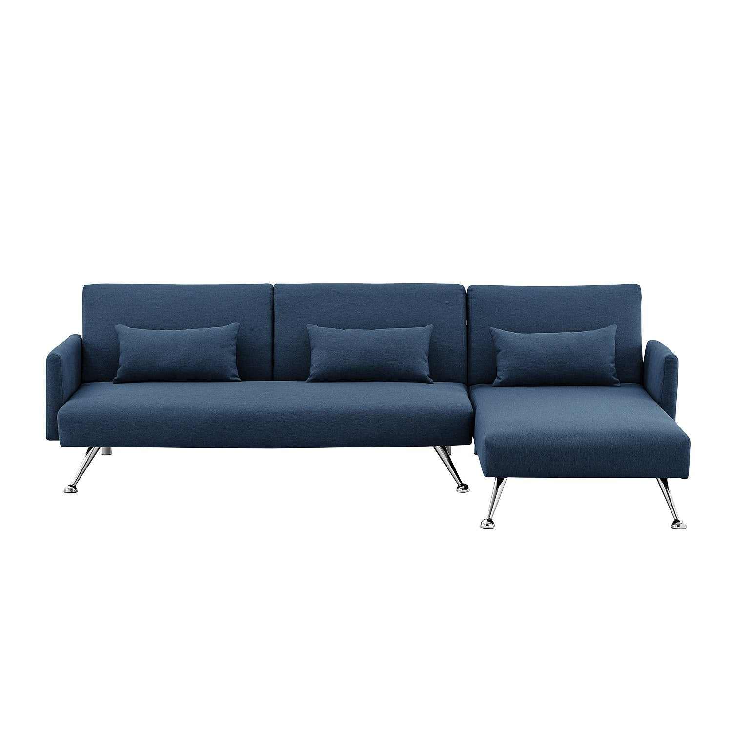 Sarantino Mia 3-Seater Sofa Bed with Chaise in blue, featuring premium faux linen fabric, metal legs, and three pillows.