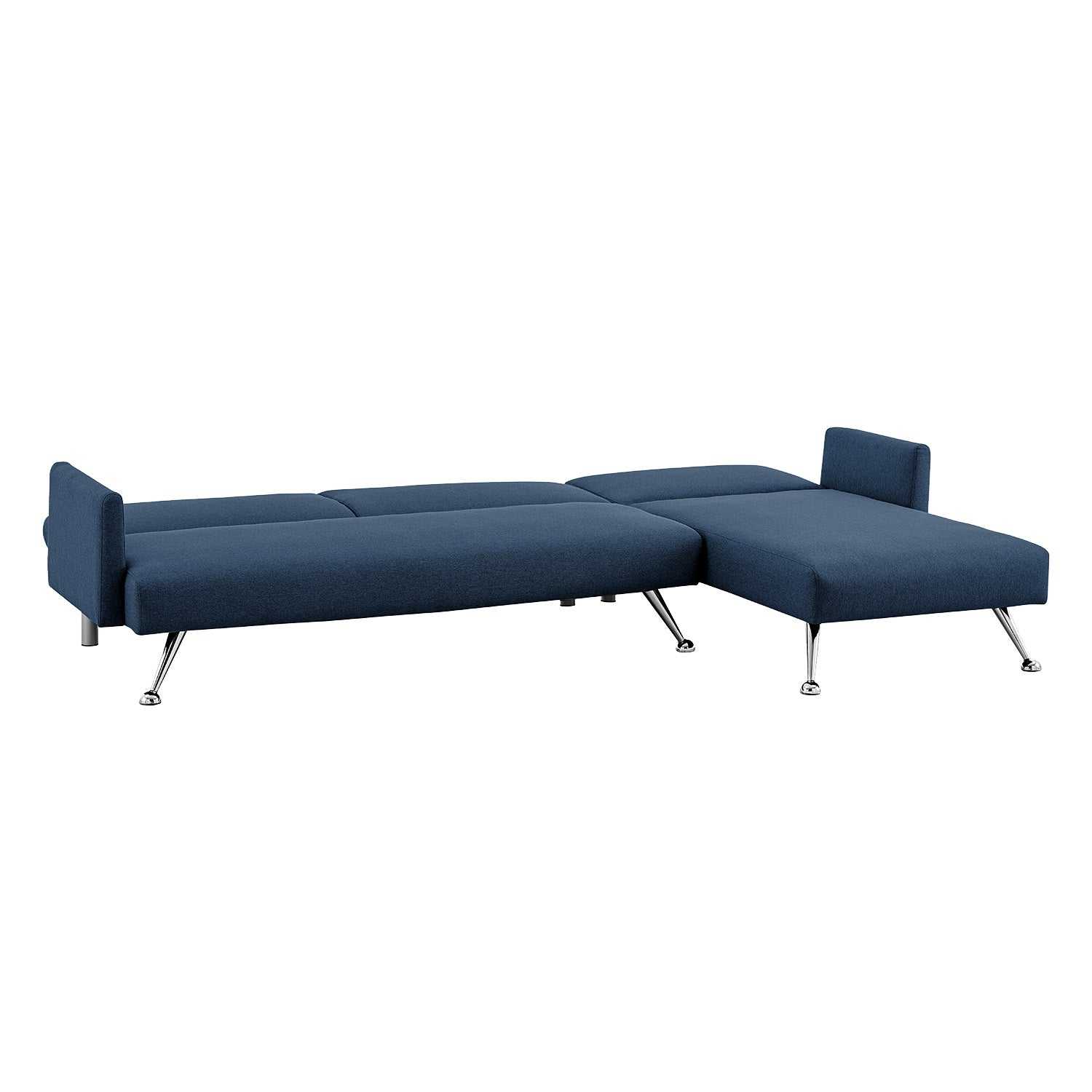 Sarantino Mia 3-Seater Sofa Bed with Chaise in blue, convertible to bed, includes three pillows and metal legs.