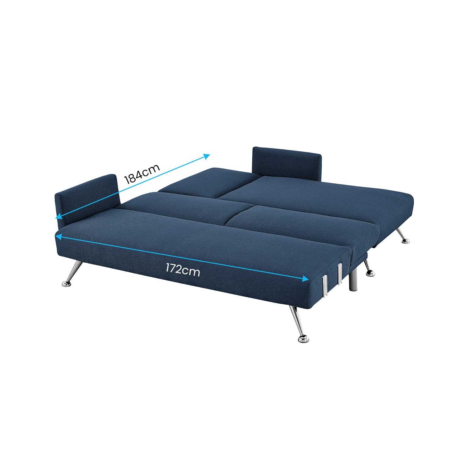 Sarantino Mia 3-Seater Sofa Bed with Chaise in blue, shown in bed configuration with metal legs.
