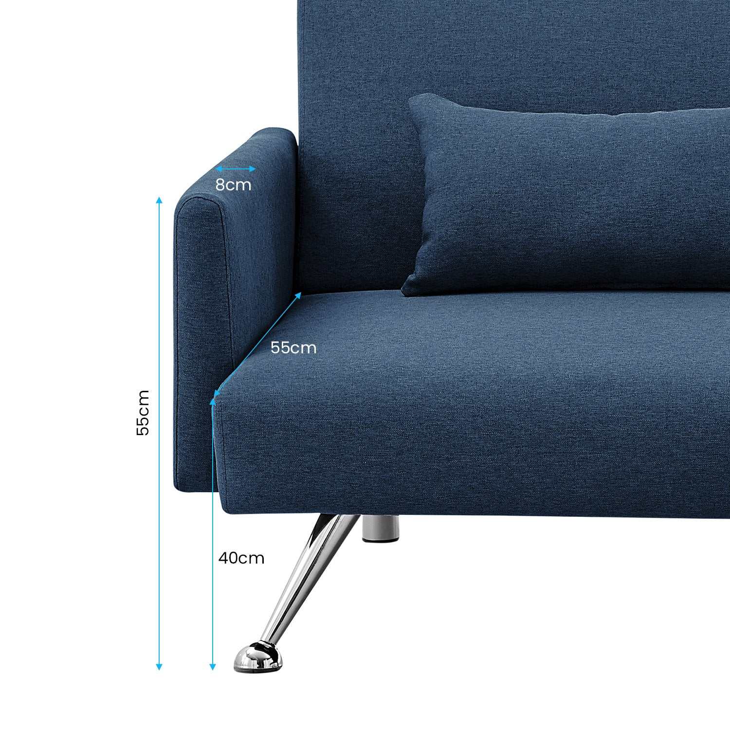 Sarantino Mia 3-Seater Sofa Bed with chaise in blue upholstery, featuring adjustable backrest, metal legs, and three pillows.