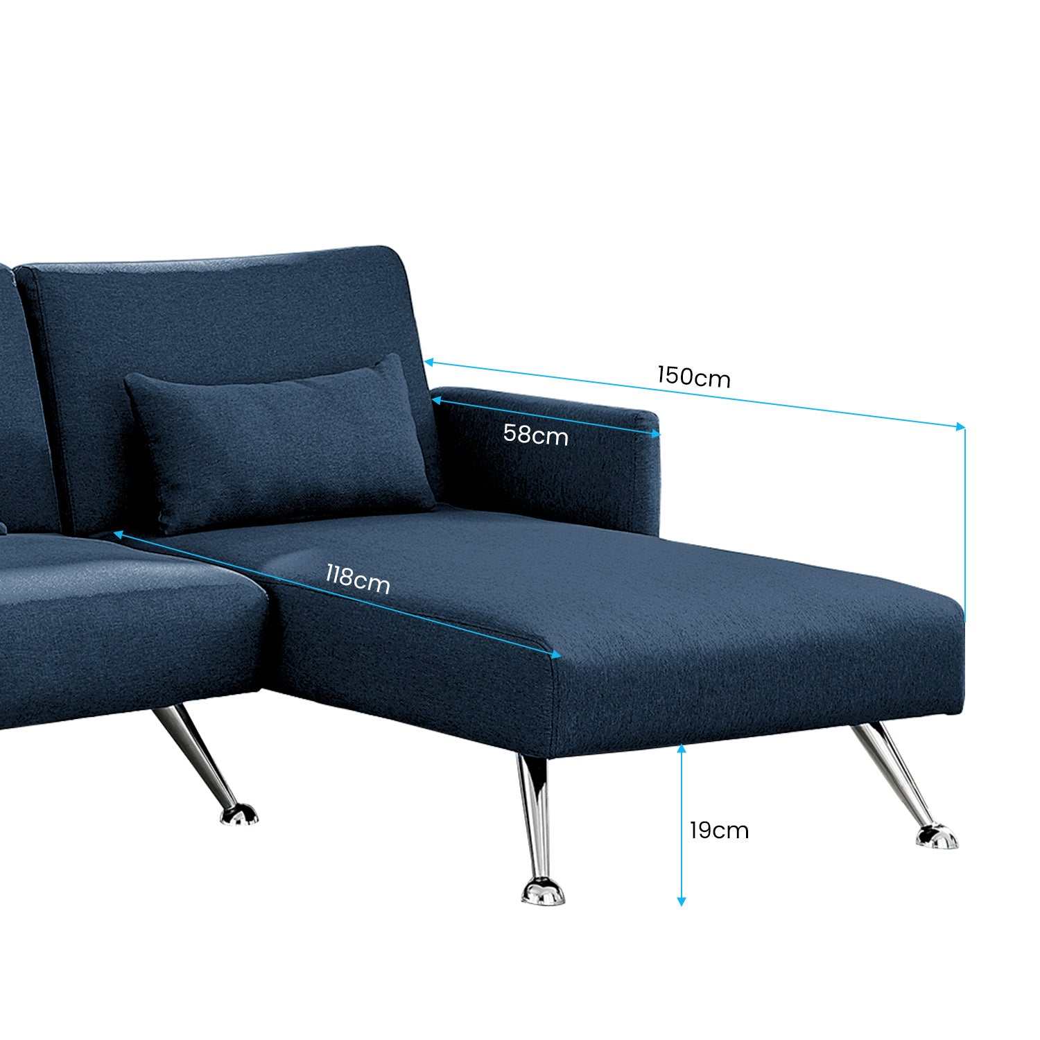 Sarantino Mia 3-Seater Sofa Bed with Chaise in Blue, featuring adjustable backrest and metal legs.