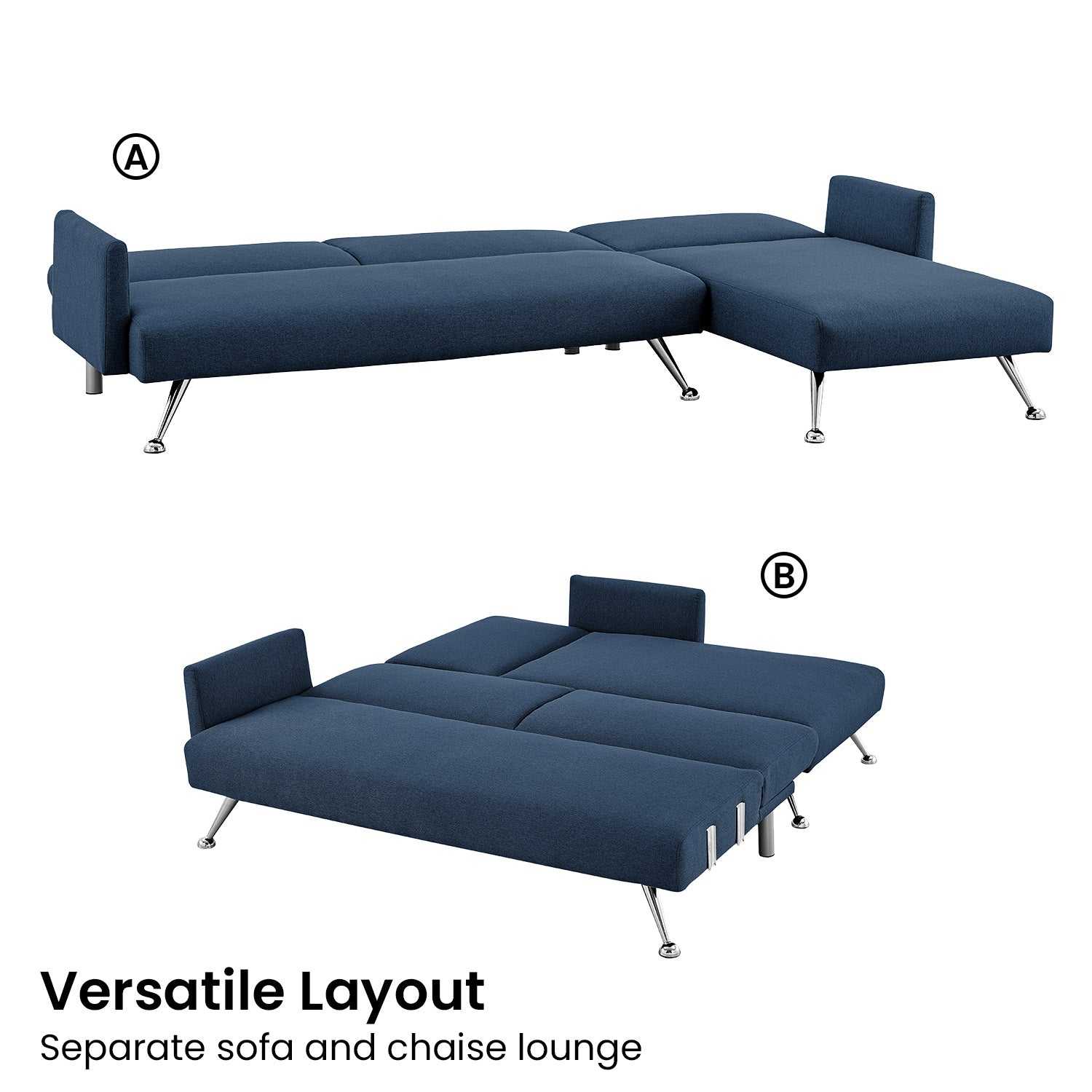 Sarantino Mia 3-Seater Sofa Bed with Chaise and Pillows in Blue, versatile convertible design with premium fabric.