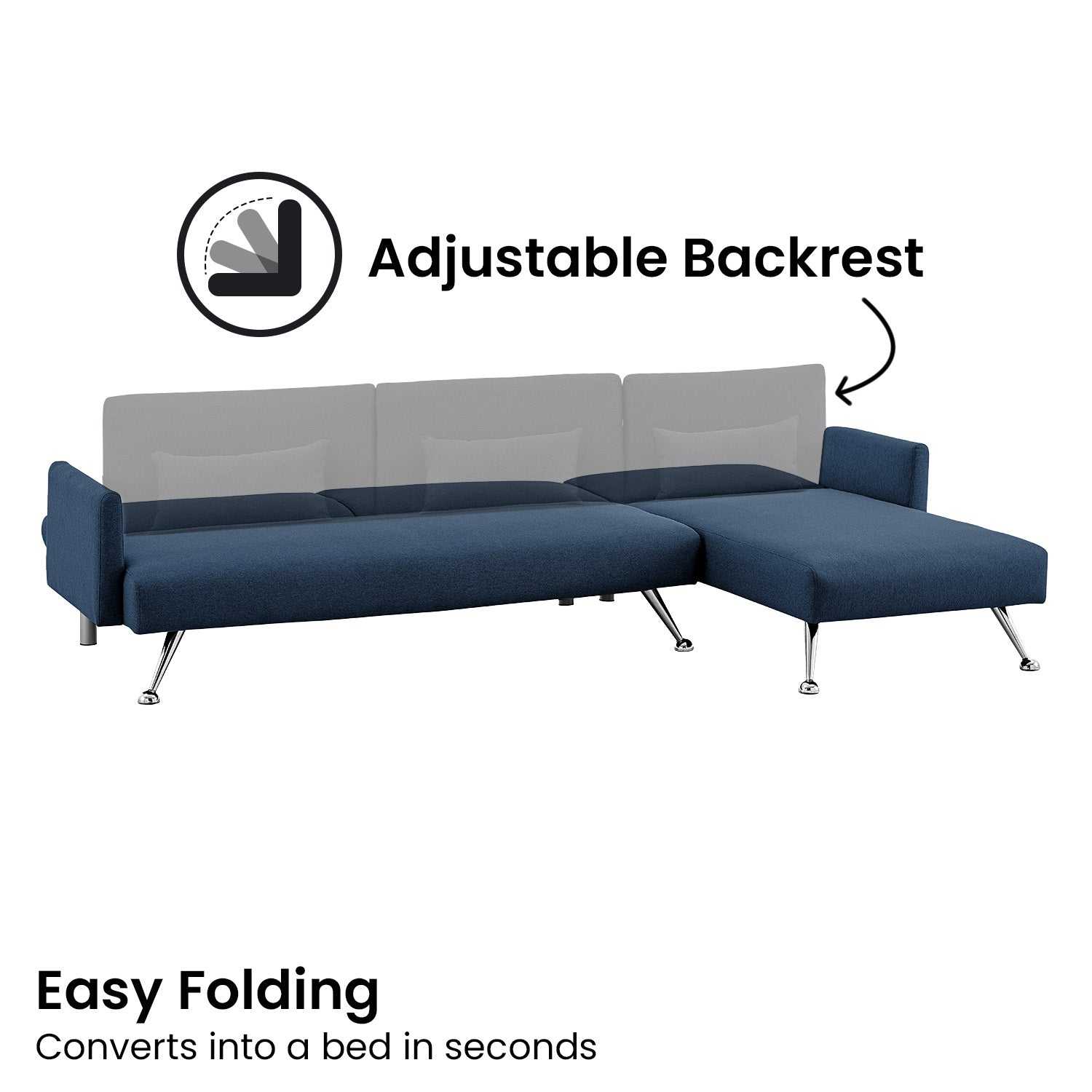 Sarantino Mia 3-Seater Sofa Bed in blue with chaise, featuring adjustable backrest and metal legs.