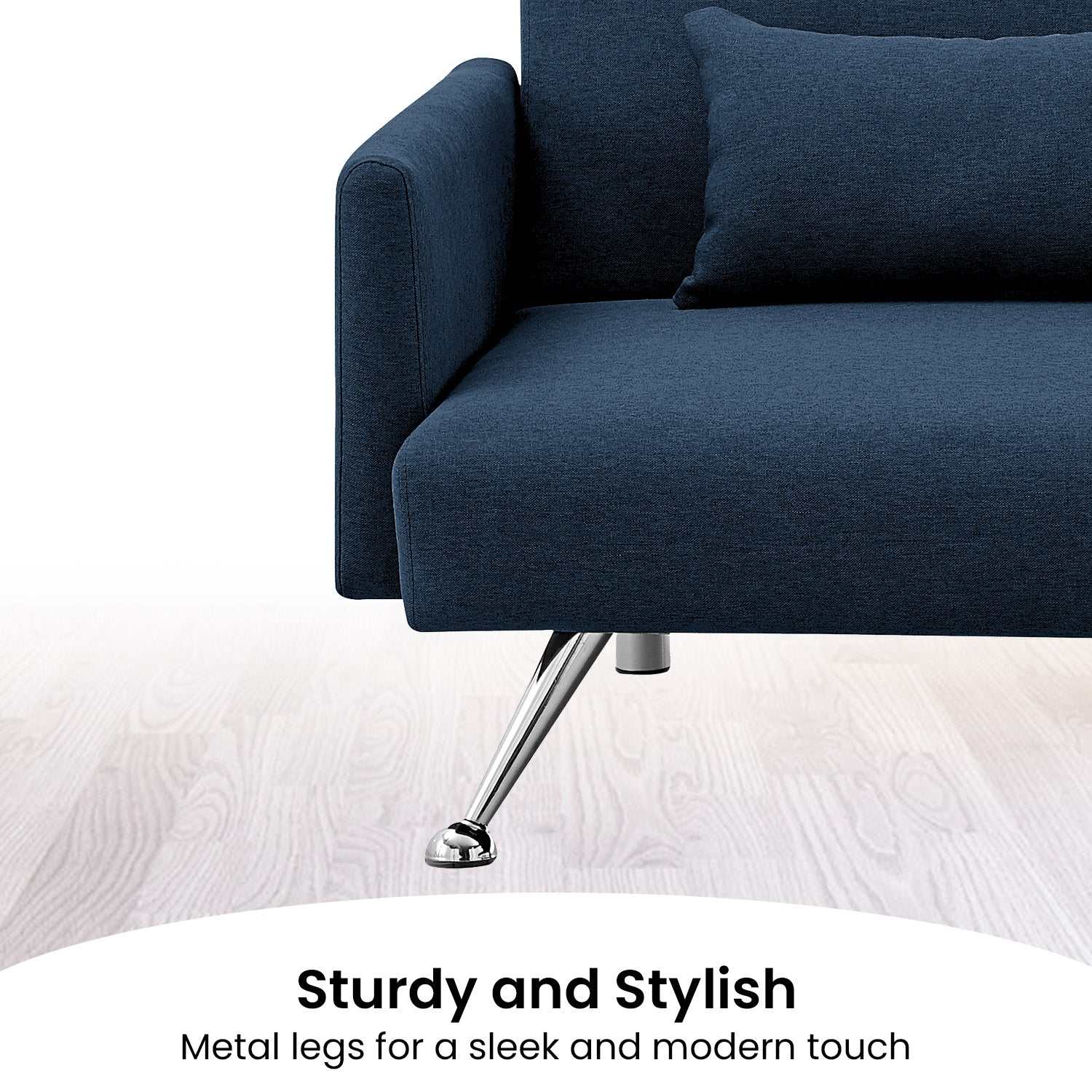 Sarantino Mia 3-Seater Sofa Bed with Chaise and Pillows in Blue, featuring metal legs.