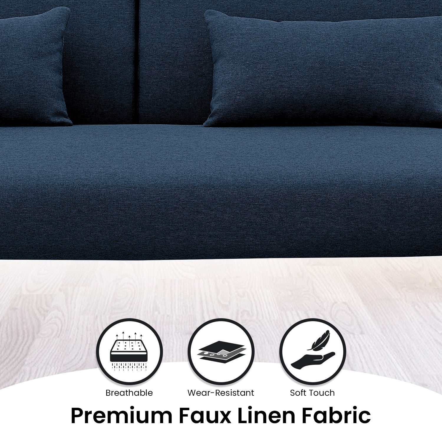 Sarantino Mia 3-Seater Sofa Bed with Chaise in blue faux linen fabric, featuring breathable, wear-resistant, and soft-touch qualities, shown with three pillows.