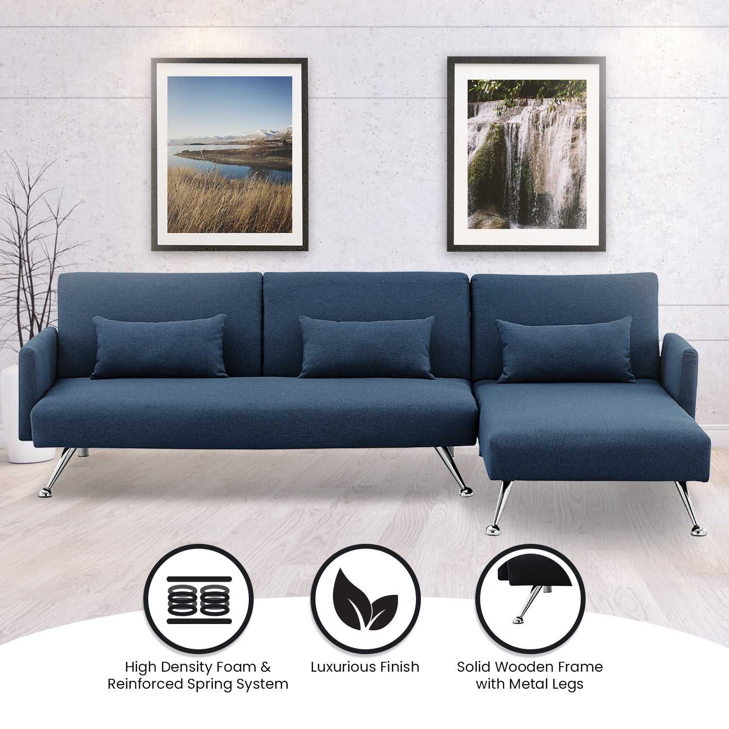 Sarantino Mia 3-Seater Sofa Bed with Chaise in blue with 3 pillows, premium fabric, and metal legs.