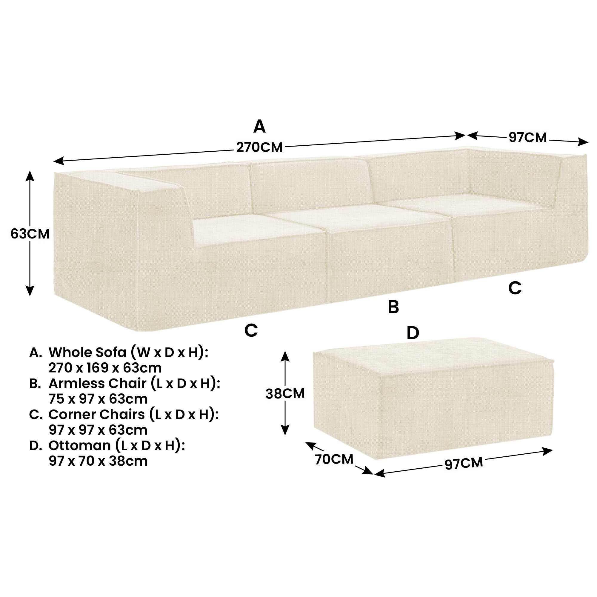 Sarantino Novi 3-Seater Modular Sofa with Ottoman in Cream Non-Slip Bottom Lounge