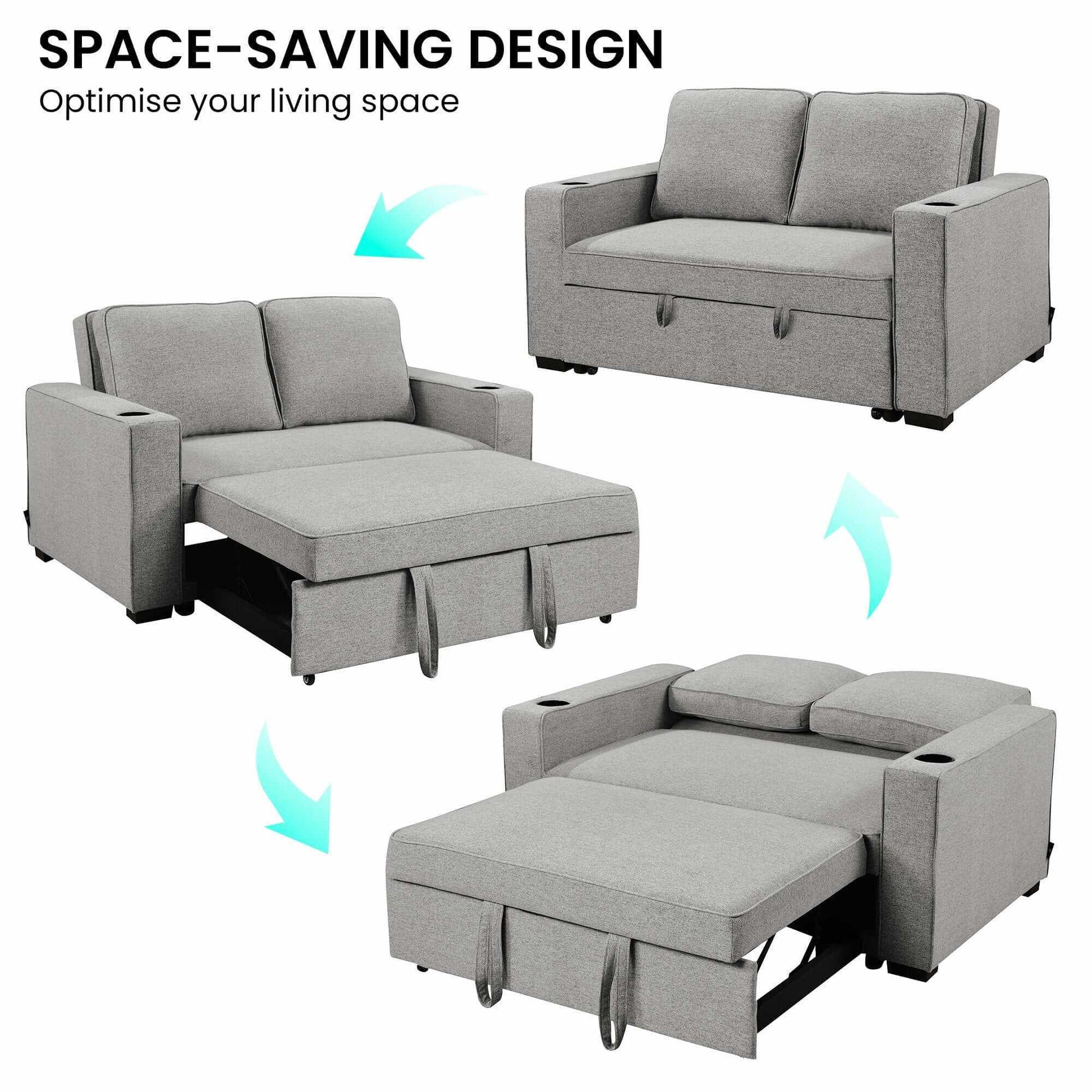 Sarantino Hoffman Linen 2 Seater Sofa Bed With Cushions - Light Grey