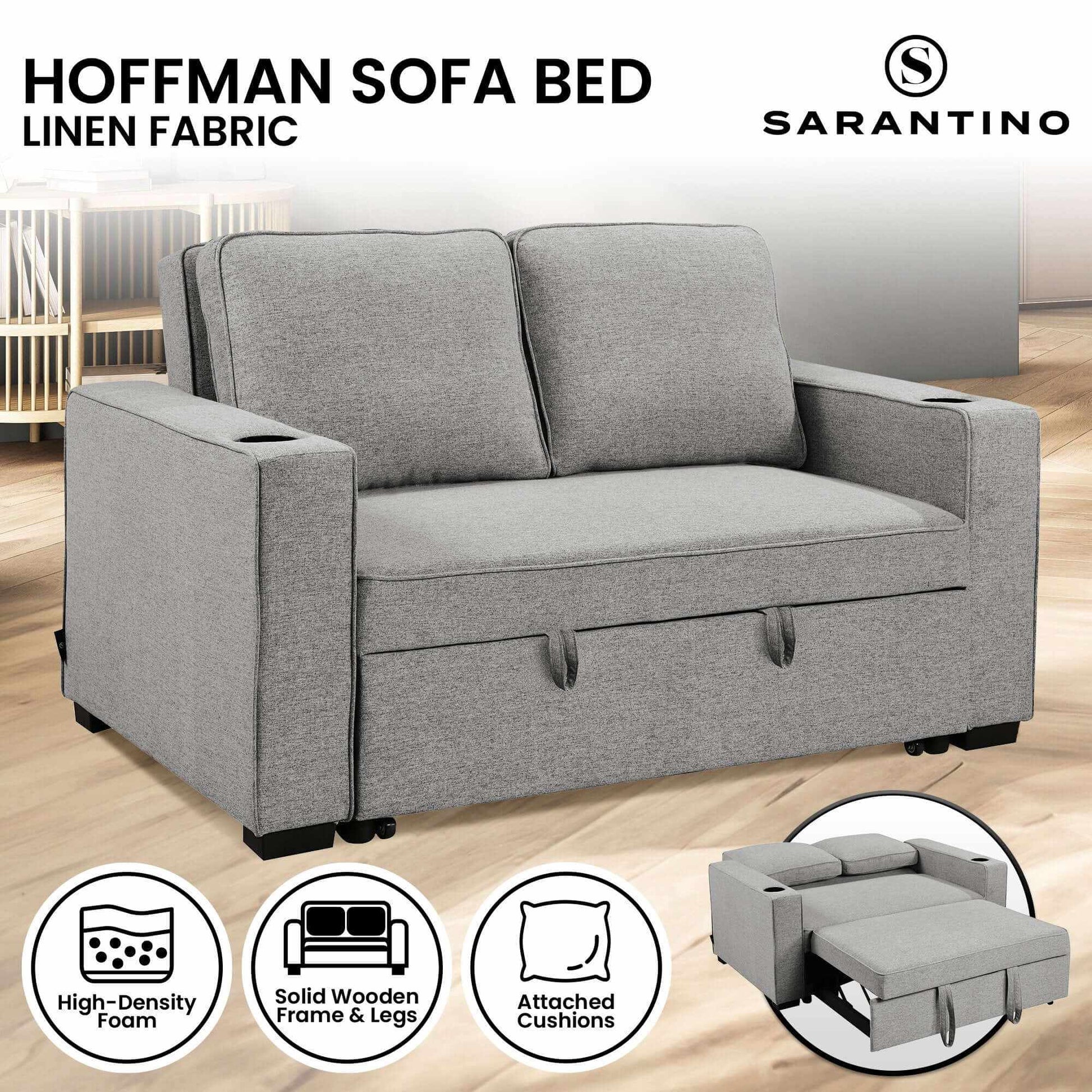 Sarantino Hoffman Linen 2 Seater Sofa Bed With Cushions - Light Grey
