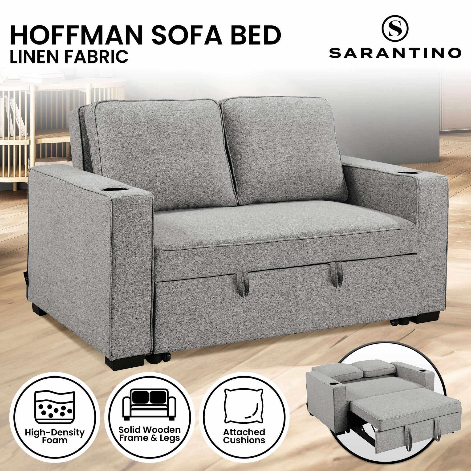 Sarantino Hoffman Linen Sofa Bed Chair With Cushions &cup Holders Ligh