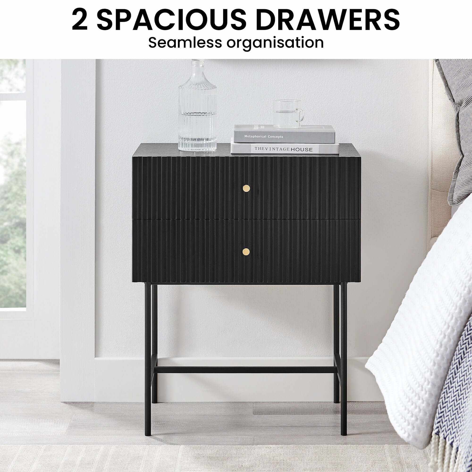 Sarantino Arden Fluted 2-drawer Luxury Bedside Table - Black