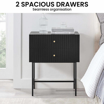 Sarantino Arden Fluted 2-drawer Luxury Bedside Table - Black