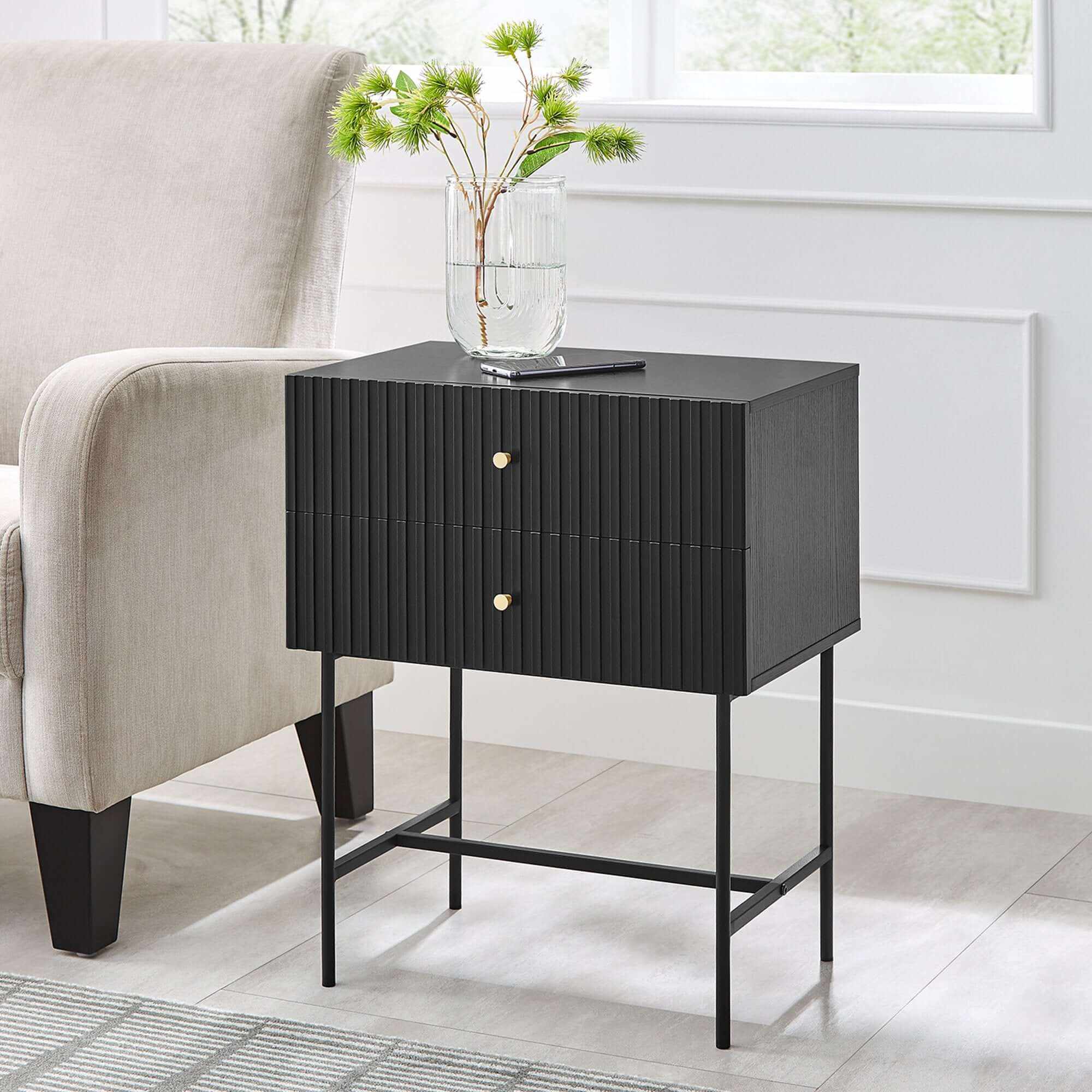 Sarantino Arden Fluted 2-drawer Luxury Bedside Table - Black