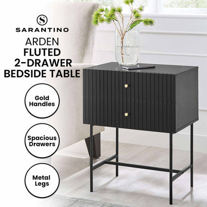 Sarantino Arden Fluted 2-drawer Luxury Bedside Table - Black