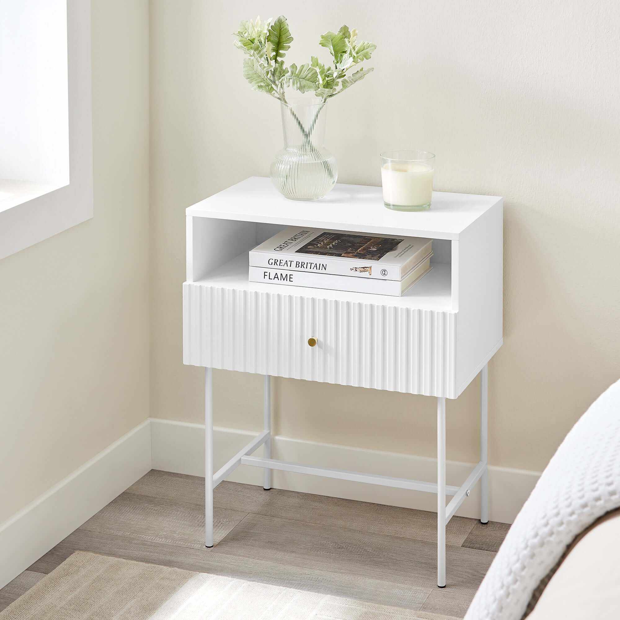 Sarantino Cecil Slender Fluted Modern Luxury Bedside - White