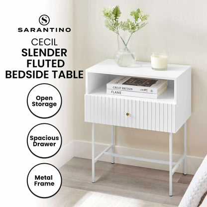 Sarantino Cecil Slender Fluted Modern Luxury Bedside - White