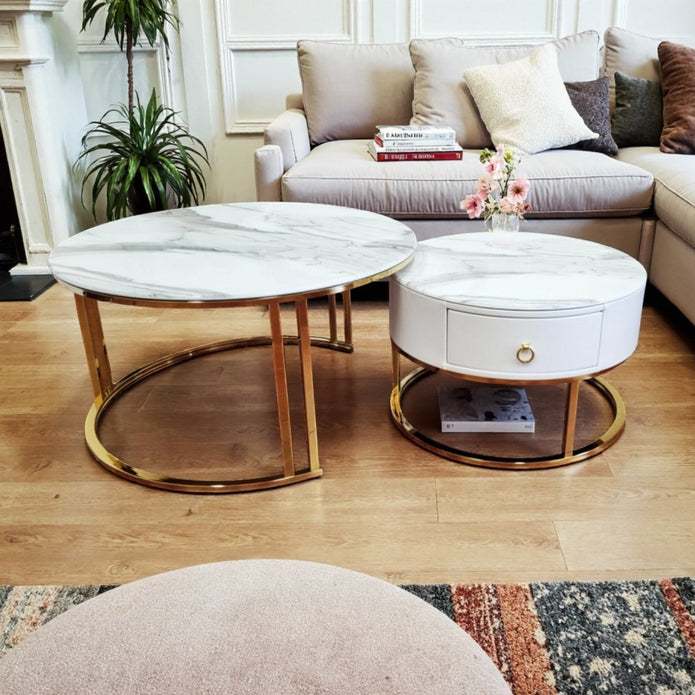 Snowy Mountain Faux Modern Marble Slate Nesting Coffee Table Set Leather Wrapped Wood Drawers
