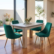 Grey Rectangular Dining Table with 4x Green Velvet Chairs