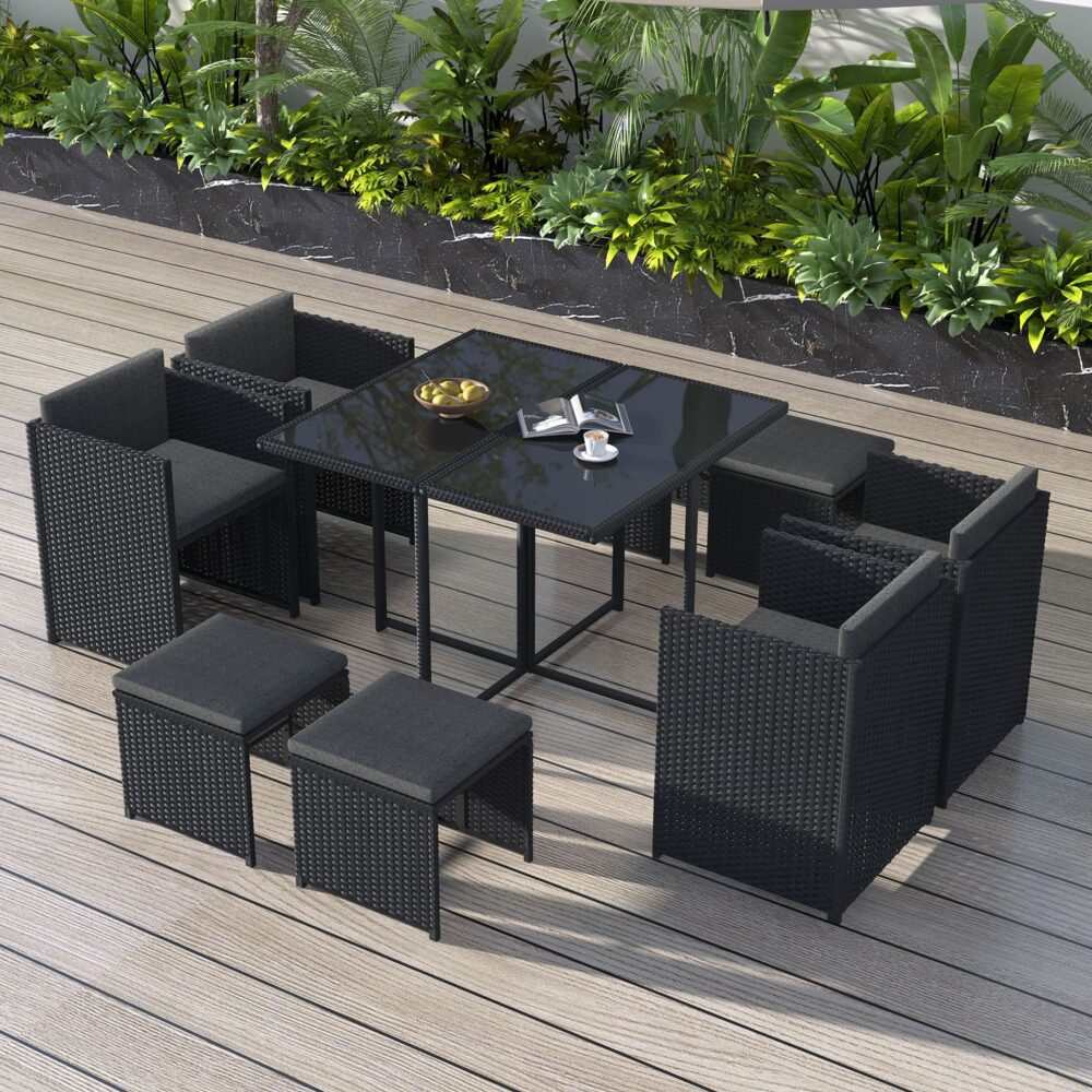 Horrocks 8 Seater Outdoor Dining Set in black with rattan design, featuring a rectangular table and matching armchairs and ottomans.
