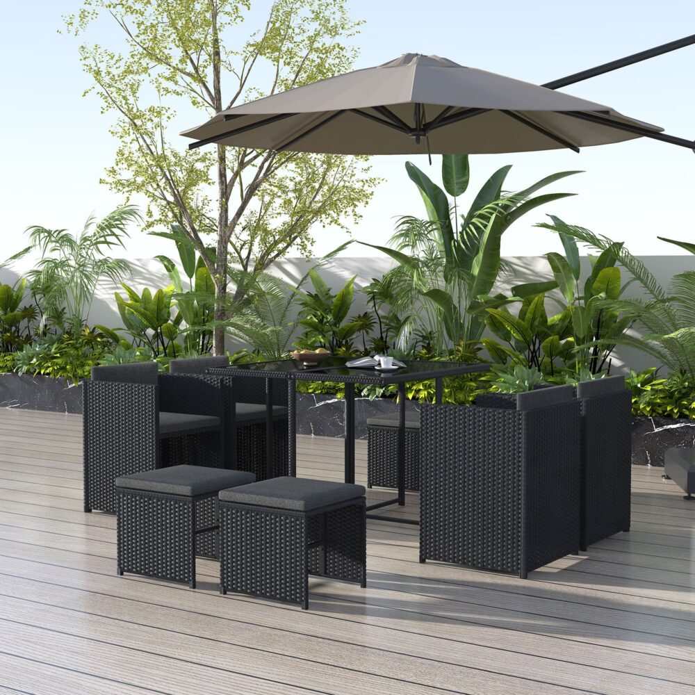 Horrocks 8 Seater Outdoor Dining Set in black rattan with cushions, ideal for gardens and patios.
