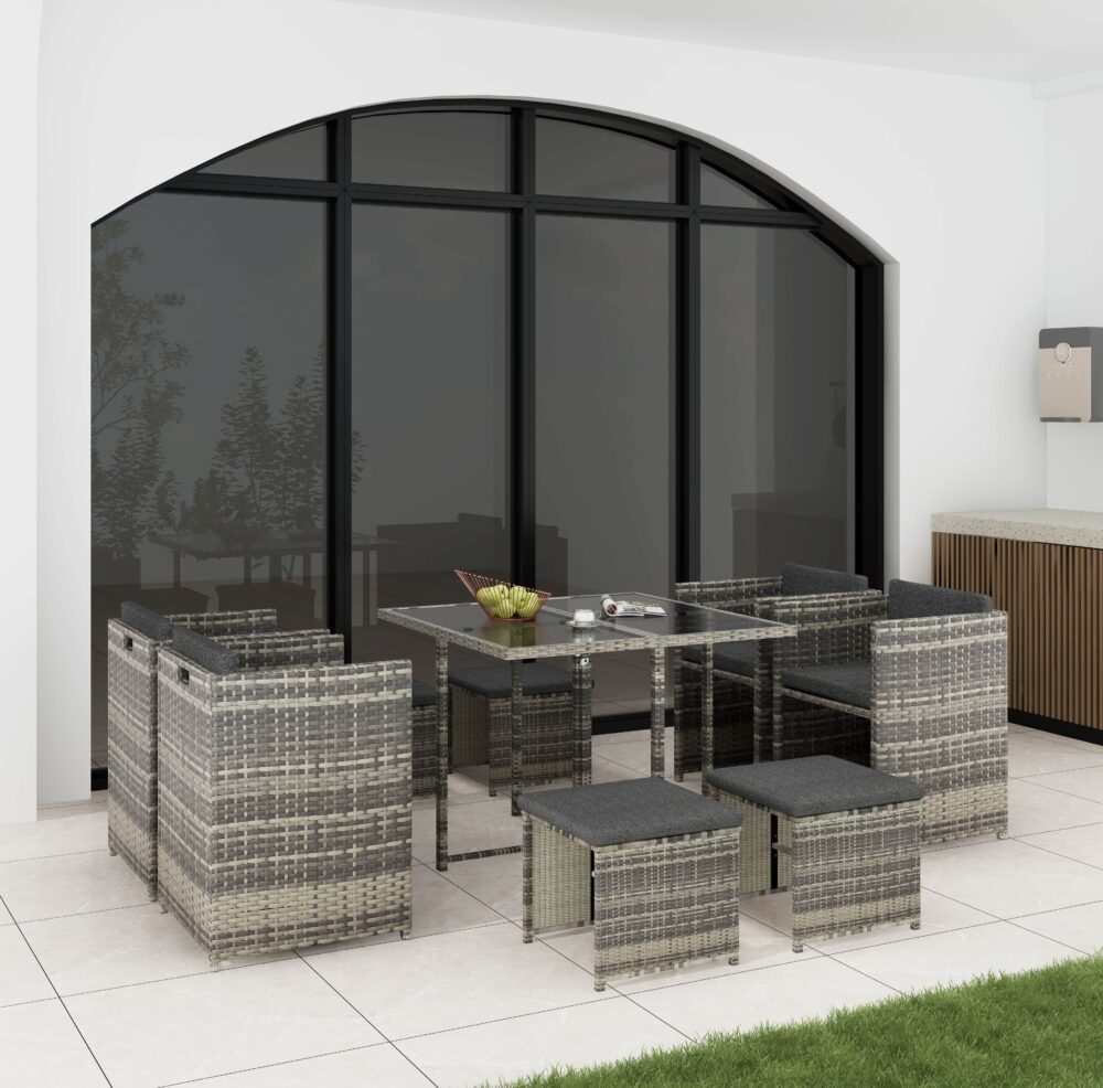 Horrocks 8 Seater Outdoor Dining Set in grey rattan, featuring a tempered glass table and cushioned chairs, ideal for garden or patio use.
