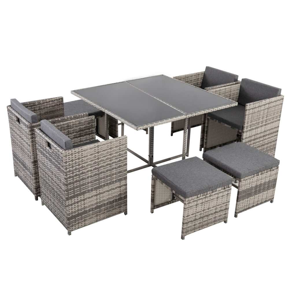 Horrocks 8 Seater Outdoor Dining Set in grey with rattan design, cushions, and tempered glass table.