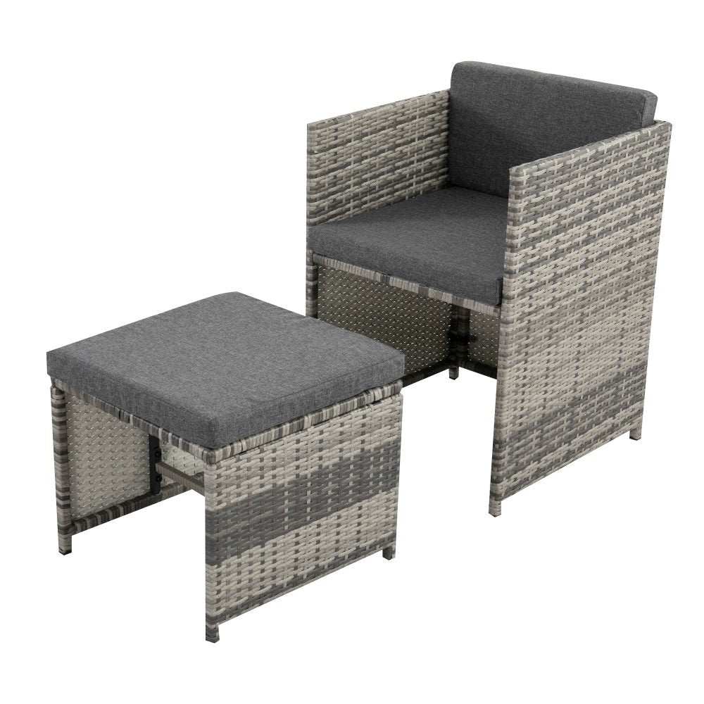 Horrocks 8 Seater Outdoor Dining Set in grey rattan with cushions, featuring modern design and space-saving arrangement.