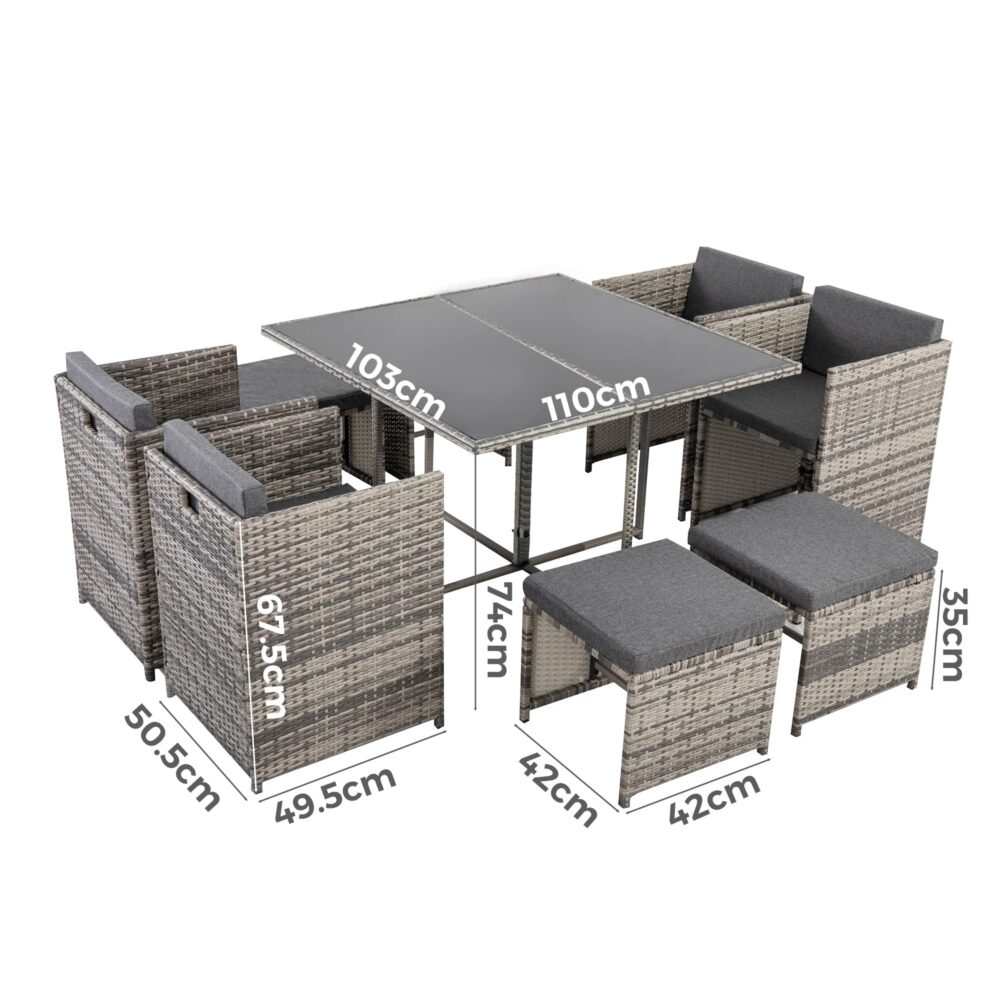 Horrocks 8 Seater Outdoor Dining Set in Grey with rattan chairs, ottomans, and a tempered glass table.
