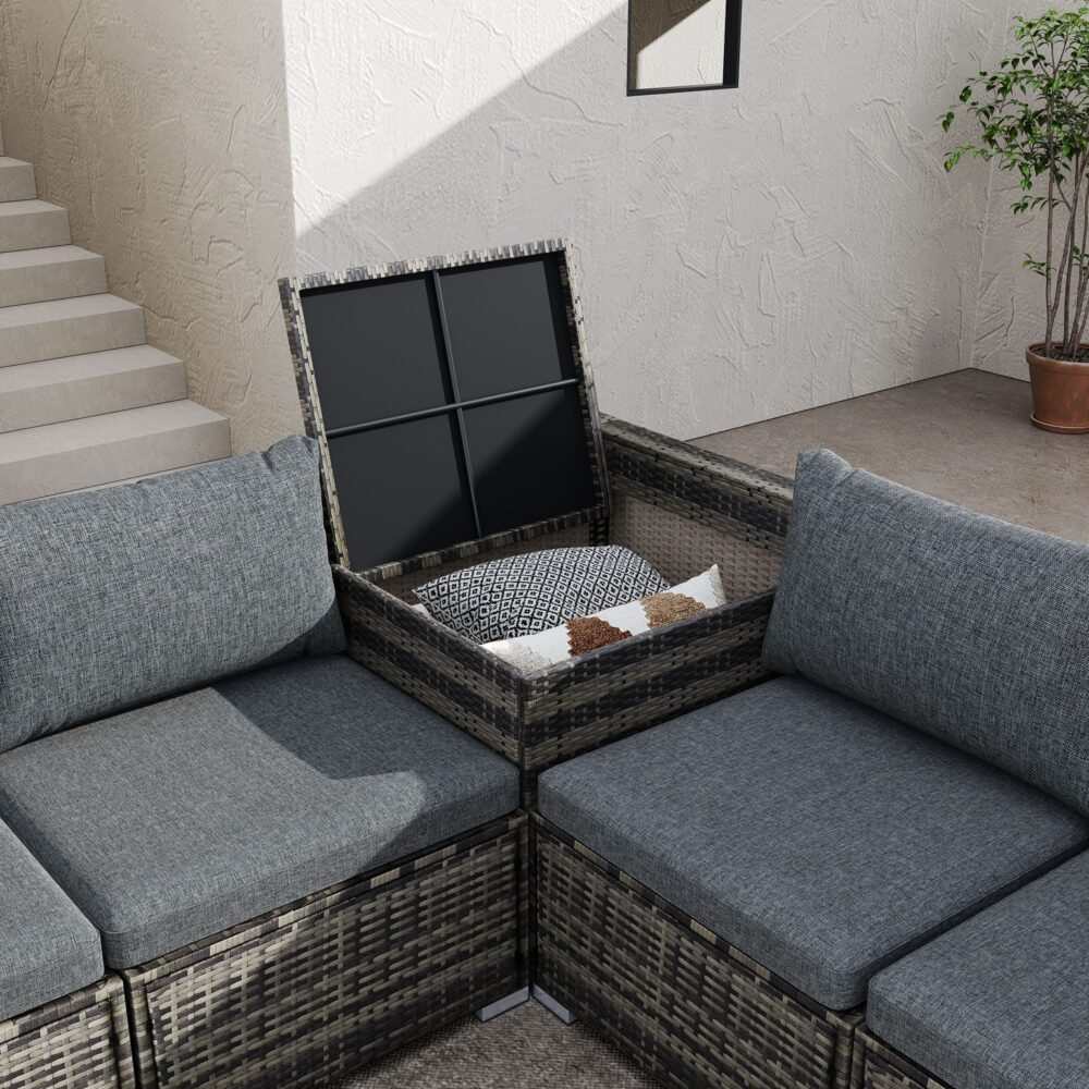 Outdoor modular lounge sofa in grey with weatherproof alloy frame, removable cushions, and corner storage unit.