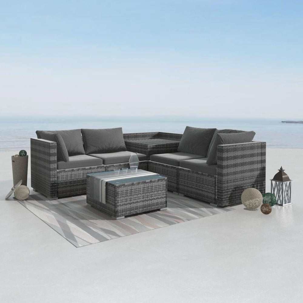 6PCS outdoor modular lounge sofa Coogee-Grey set with cushions and coffee table, weatherproof and minimalist design for modern outdoor spaces.