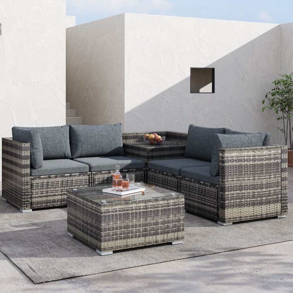 6PCS Outdoor Modular Lounge Sofa Coogee-Grey set with coffee table and corner storage unit in a modern patio setting.