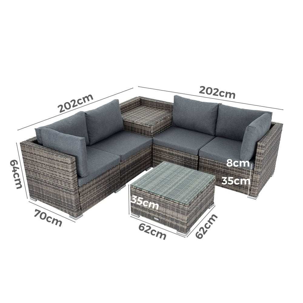 6-piece outdoor modular lounge sofa in Coogee-Grey with weatherproof alloy frame and washable cushions, including coffee table and seating segments.