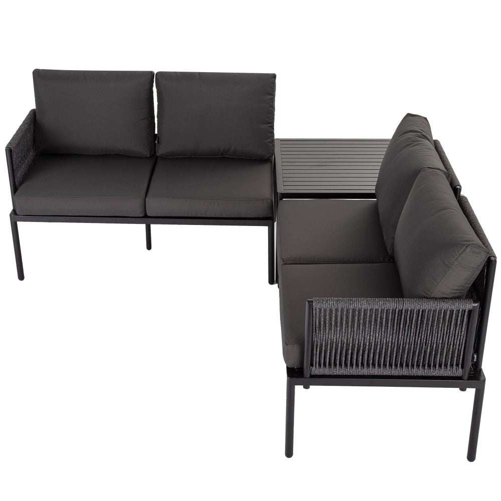 Eden 4-Seater Outdoor Lounge Set with Coffee Table in Black, featuring modern rope and fabric design with cushions.