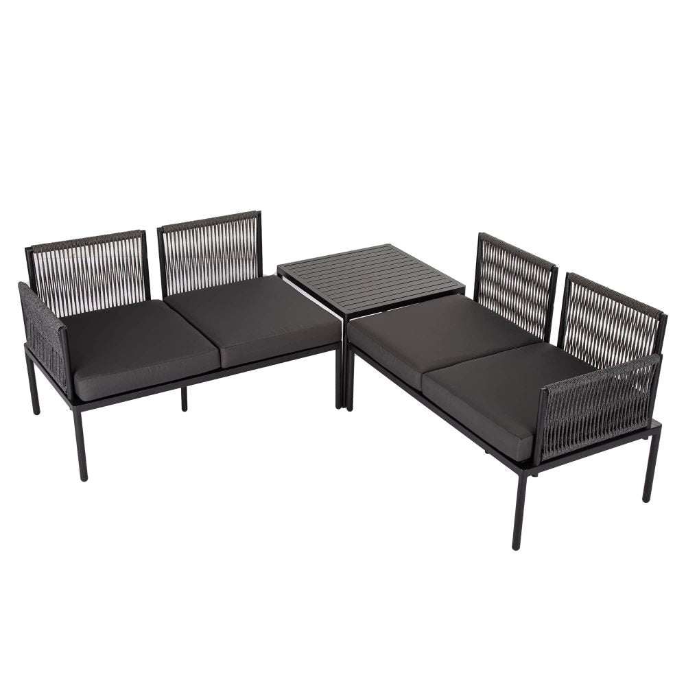 Eden 4-Seater Outdoor Lounge Set with Coffee Table in black, featuring stylish textile and rope design.