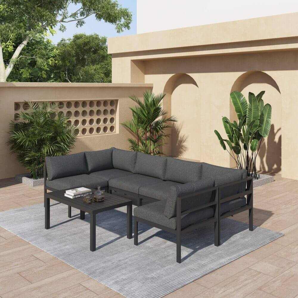 Outdoor 7-Piece Modern Patio Couch Set - Charcoal Grey