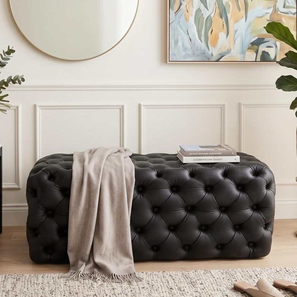 Black Leathaire Ottoman-Rectangular