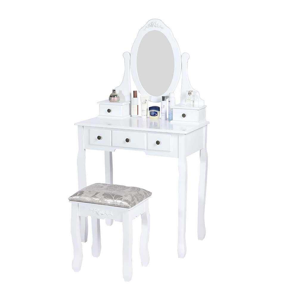 Carved Dressing Vanity Table Set with Mirror and Stool- White