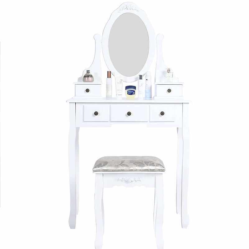 Carved Dressing Vanity Table Set with Mirror and Stool- White