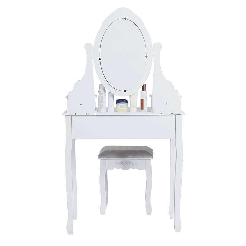 Carved Dressing Vanity Table Set with Mirror and Stool- White
