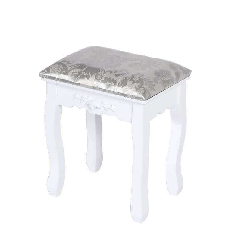 Carved Dressing Vanity Table Set with Mirror and Stool- White
