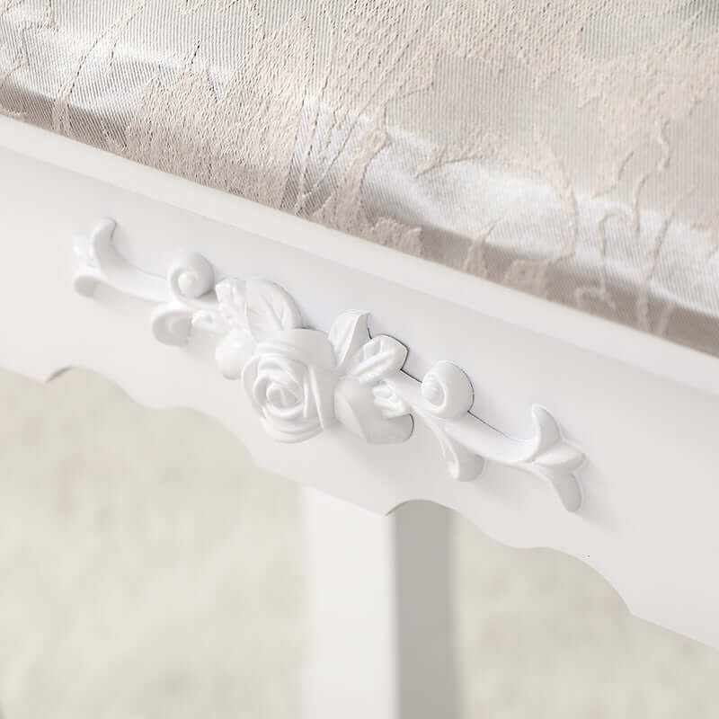 Carved Dressing Vanity Table Set with Mirror and Stool- White
