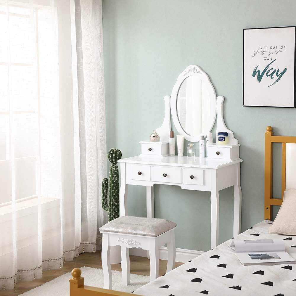 Carved Dressing Vanity Table Set with Mirror and Stool- White