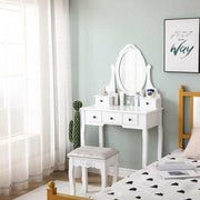 Carved Dressing Vanity Table Set with Mirror and Stool- White