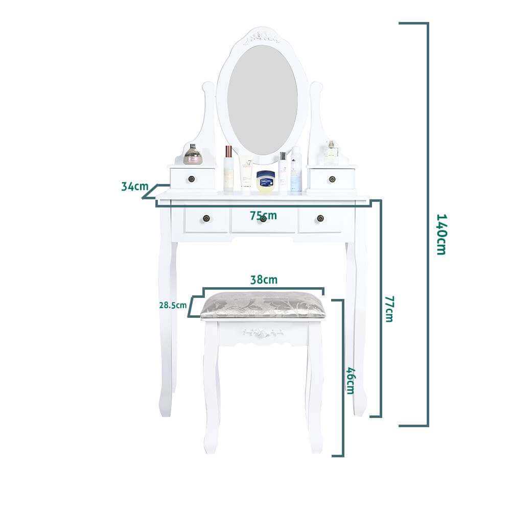 Carved Dressing Vanity Table Set with Mirror and Stool- White