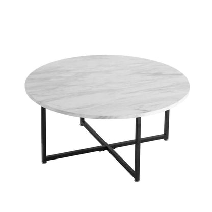 White Marble Effect Round Coffee Table with Black Legs