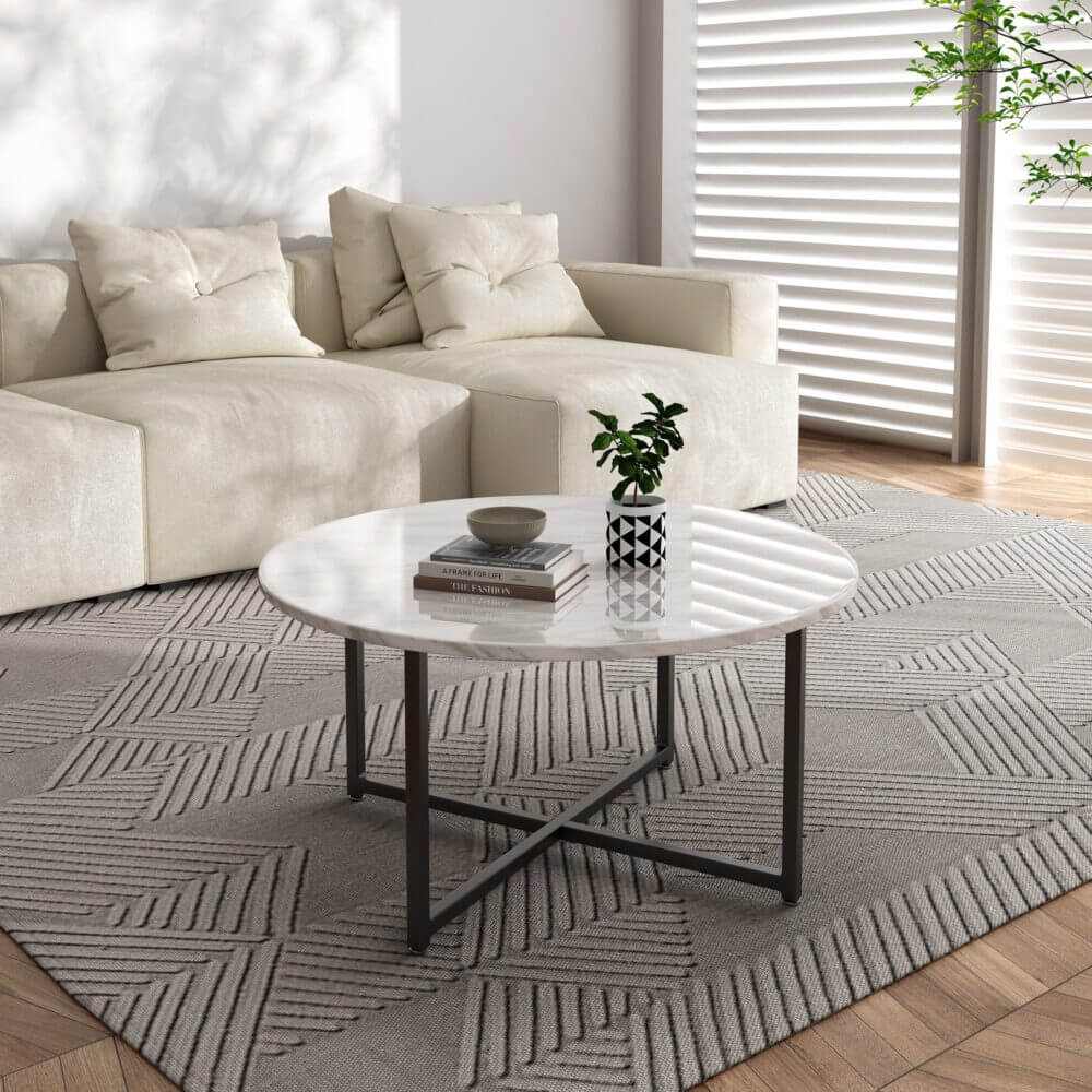 White Marble Effect Round Coffee Table with Black Legs