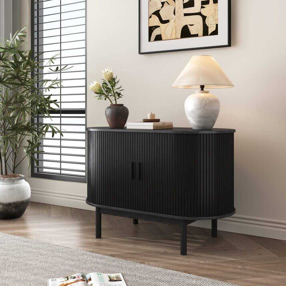 Black Ribbed Mid Century Modern Sideboard